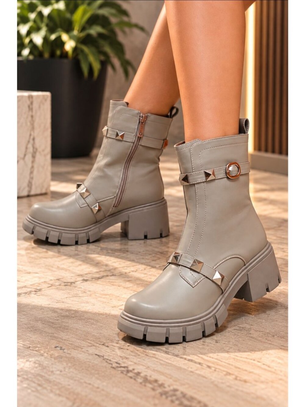 Studded Gray Ankle Boots With Chunky Lug Sole & Side Zipper For Women
